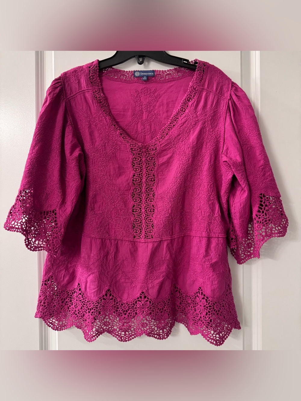 Democracy Dark Fuchsia Pink Embroidered Lace Flounced Sleeve Blouse